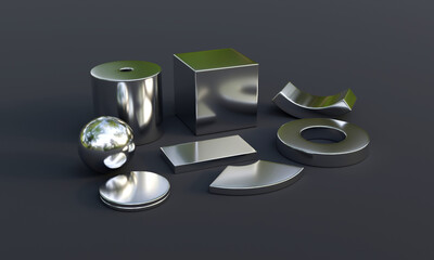 neodymium rare earth magnets isolated on white background. 3D Rendering