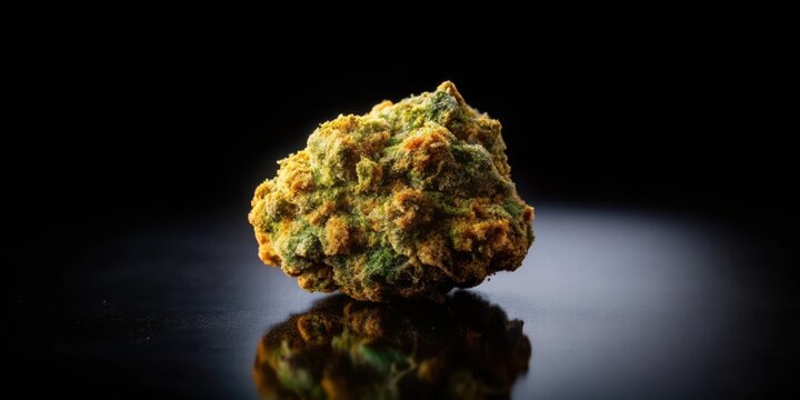 High-quality image of a single cannabis nug with a dark and mysterious aura against a black background, showcasing its texture and color , texture, cannabis