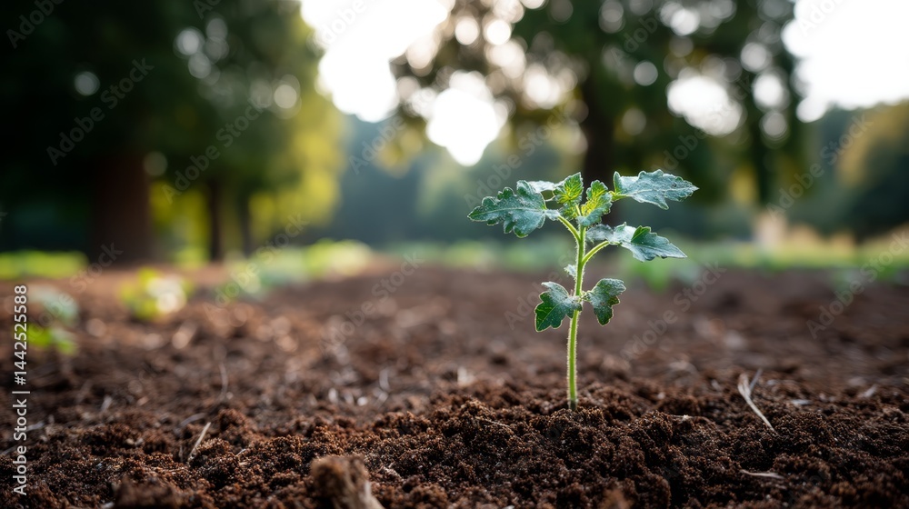 Poster Close-up view captures a tiny sprout breaking through dark, fertile soil, illuminated by soft morning light against a blurred lush garden backdrop, symbolizing life