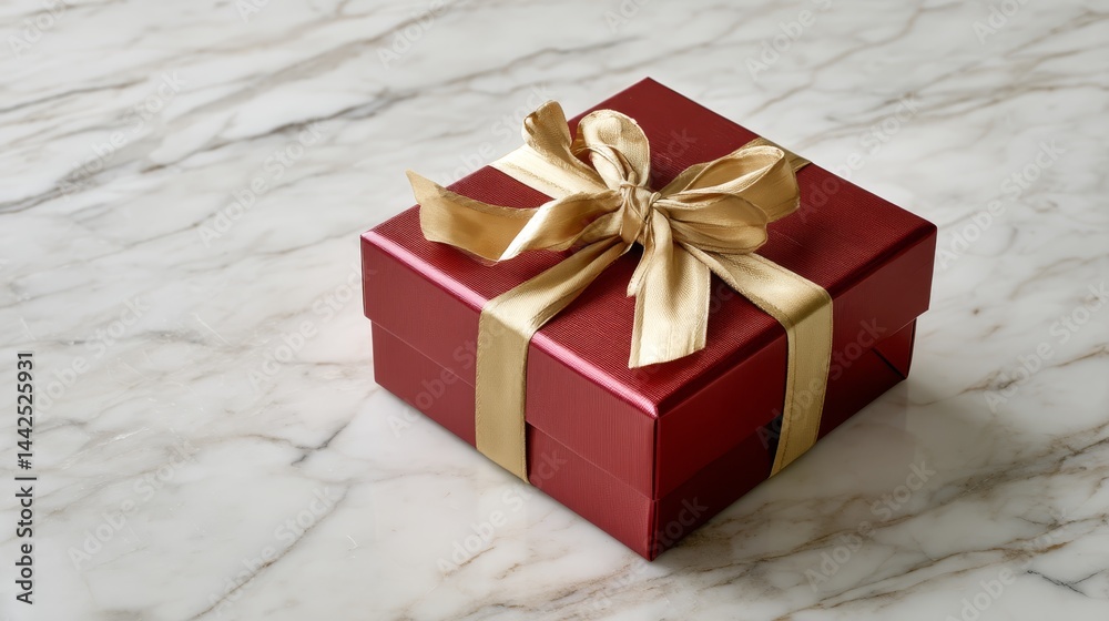 Poster shiny red decorative box adorned with an elegant golden ribbon placed on a white marble surface, ill
