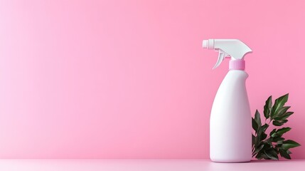 Spray Bottle with Greenery Minimalist Style High-Resolution Lighting Side Profile View Clean Design Product Presentation Pink Background Soft Hues Ideal for Branding Materials