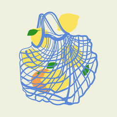 Reusable shopping mesh bag with organic lemons. Vector illustration in flat doodles style