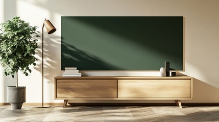Modern living room, green chalkboard, sunlight, wooden console, plant
