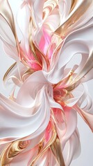 An abstract composition featuring flowing shapes in soft pink, white, and gold tones.