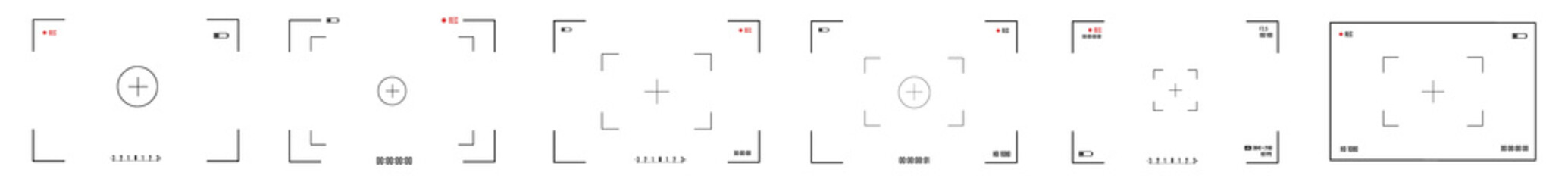 png digital camcorder view with zoom lens and screen overlay showing cinematic exposure and camera focusing for film snapshots with black border frame and transparent background in video production

