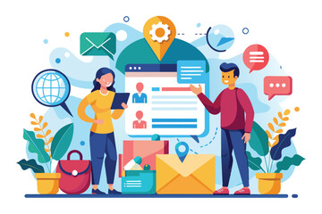 Illustration depicting teamwork in a business setting with digital communication tools and documents. Ideal for concepts like collaboration, productivity, and modern office environments.