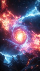 A vibrant cosmic swirl depicting a galaxy with bright colors and dynamic energy.