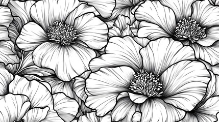 Elegant Monochrome Floral Seamless Pattern Botanical Line Art Flowers - obrazy, fototapety, plakaty