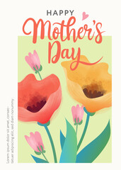 Happy Mother's Day poster or banner with spring summer flowers. Abstract floral design template for ads promo. Watercolor style vector illustration