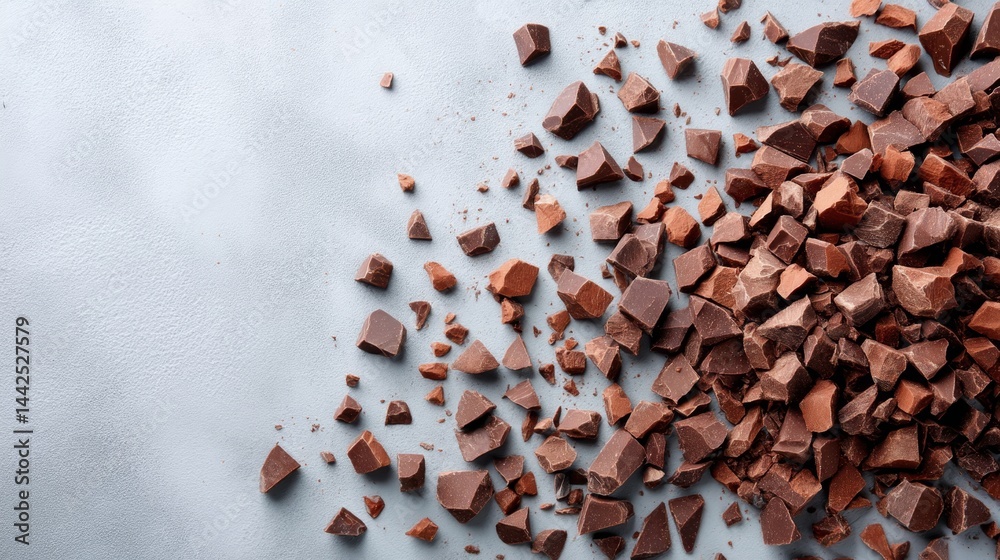 Poster Close-up view features hand-cut dark chocolate chunks arranged on a clean surface, highlighting their rich textures and inviting depth, with space for design elements