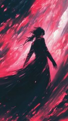 A silhouette of a figure in a flowing dark cloak, surrounded by vibrant red and pink hues.