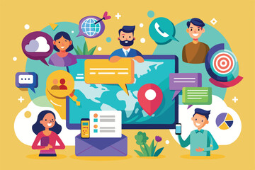 Colorful illustration depicting diverse individuals engaging in digital communication using various devices and technology. Concepts include teamwork, networking, and globalization.