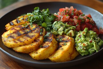Grilled polenta with salsa and guacamole