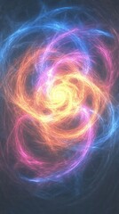 A vibrant, swirling abstract design in shades of blue, orange, and pink, suggesting motion.