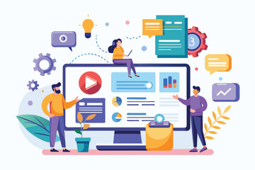 Illustration of diverse team collaborating with digital tools to analyze data and share ideas using a large computer screen, emphasizing innovation and teamwork in a modern workspace.