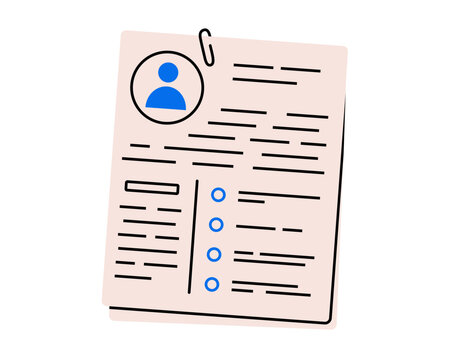 Hand drawn cute illustration of vacancy resume. Flat vector candidate cv doodle. Company employee hiring. Office worker interview icon. Job search. Human resource recruitment. Isolated.