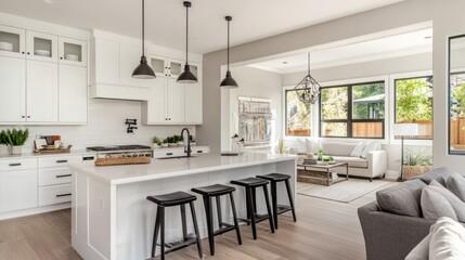 Modern white kitchen island opens to living room, natural light