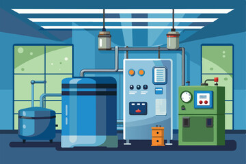 Illustration of advanced industrial machinery in a well-lit factory environment. Features control panels and equipment in blue and green tones, symbolizing technology and manufacturing efficiency.