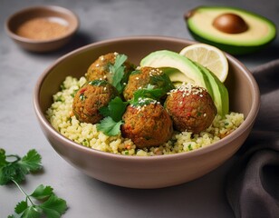 Minimalistische Bowl mit Couscous, Falafel und Avocado