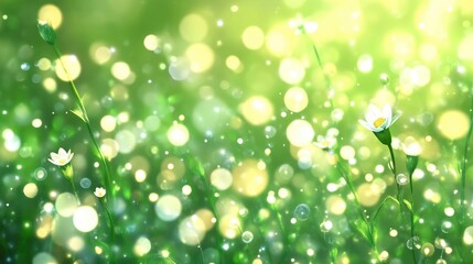 Fototapeta premium Delicate wildflowers in a vibrant green meadow bathed in sunlight. A soft, bokeh-filled image showcases tiny flowers and blades of grass