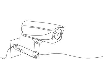 One line drawing of CCTV security camera mounted on wall. Minimalist continuous line art for surveillance and technology concept. Vector illustration, Editable stroke