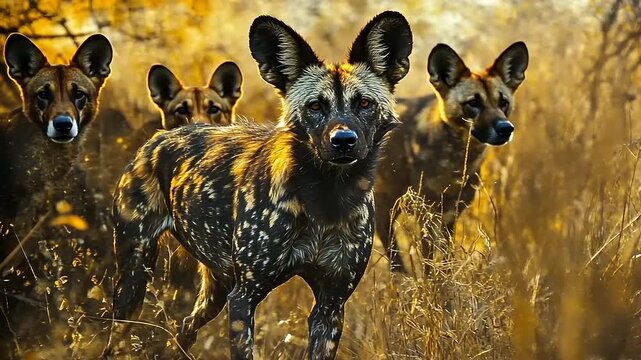 African Wild Dogs Pack Roaming Through Golden Grasslands in Natural Habitat