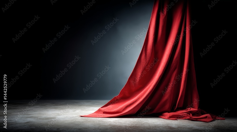 Poster the plush red theater drape features a graceful curve and provides a striking backdrop, with ample s
