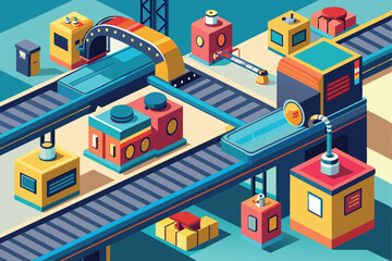 Vibrant isometric illustration showcasing a factory with conveyor belts, machinery, and industrial elements. Perfect for themes related to manufacturing, technology, and modern industry.