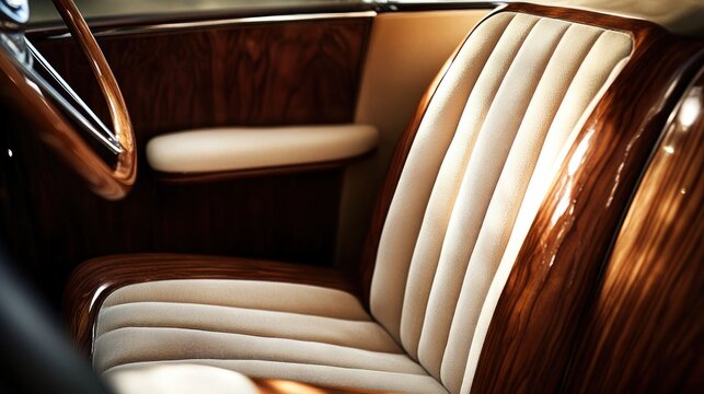 Fototapeta Vintage car interior with rich wooden trim and cream leather seats.  Detailed craftsmanship