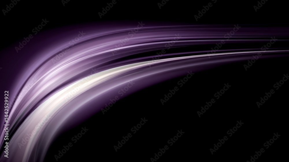 Poster A flowing, iridescent wave in violet hues gracefully contrasts against a dark background, offering a serene and elegant visual with space for text