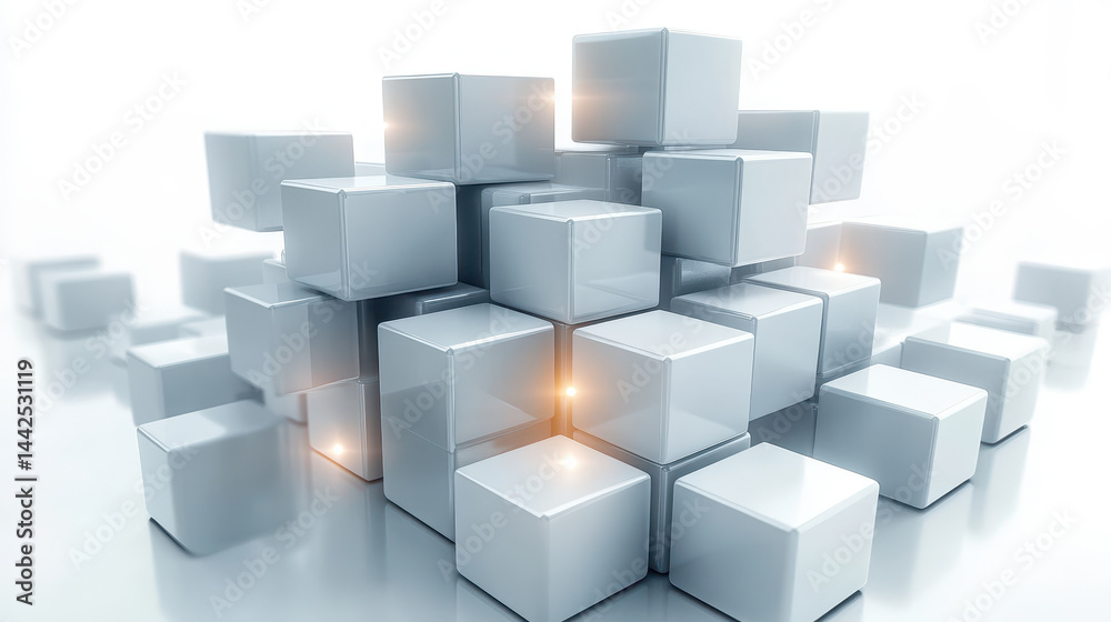 Poster dynamic 3d business concept with interlocking block cubes in white space