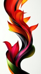 A vibrant abstract design featuring flowing shapes in red, green, and black hues.