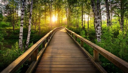 Wooden footbridge in the green birch forest in the Black Forest in the evening with setting sun