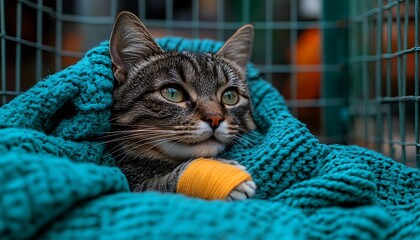 Injured cat rests in a teal blanket