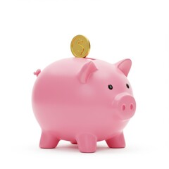 Pink piggy bank with gold coin on white background