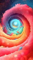 A vibrant, swirling cosmic spiral with colorful hues and a dreamy atmosphere.