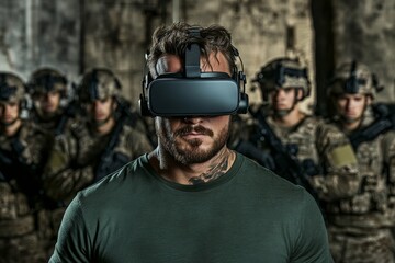 Fototapeta premium A man with focused intent embarks on an immersive training session utilizing virtual glasses and a simulator for a forward-thinking experience