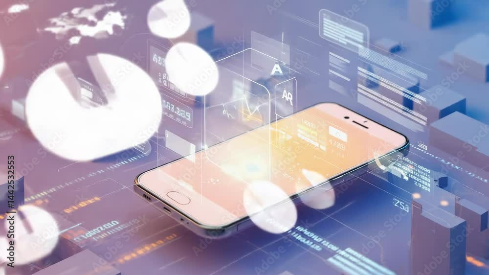 Poster a smartphone displaying virtual financial charts and digital interface elements in a high-tech setti