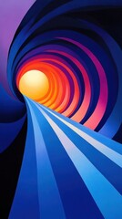 A vibrant, abstract tunnel leading to a glowing sun, evoking a sense of journey and exploration.