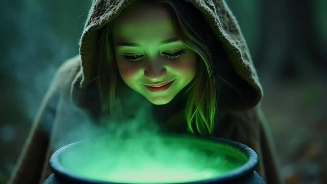 Young person observing glowing potion in cauldron