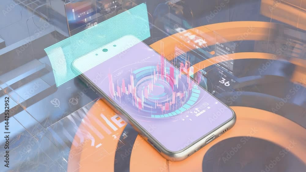 Poster a smartphone displaying futuristic financial charts and data visualizations with a tech-inspired bac