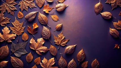 Dry orange metallic leaves scattered on a deep violet background with subtle gradient effect, showcasing intricate patterns and textures, violet background, metallic pattern
