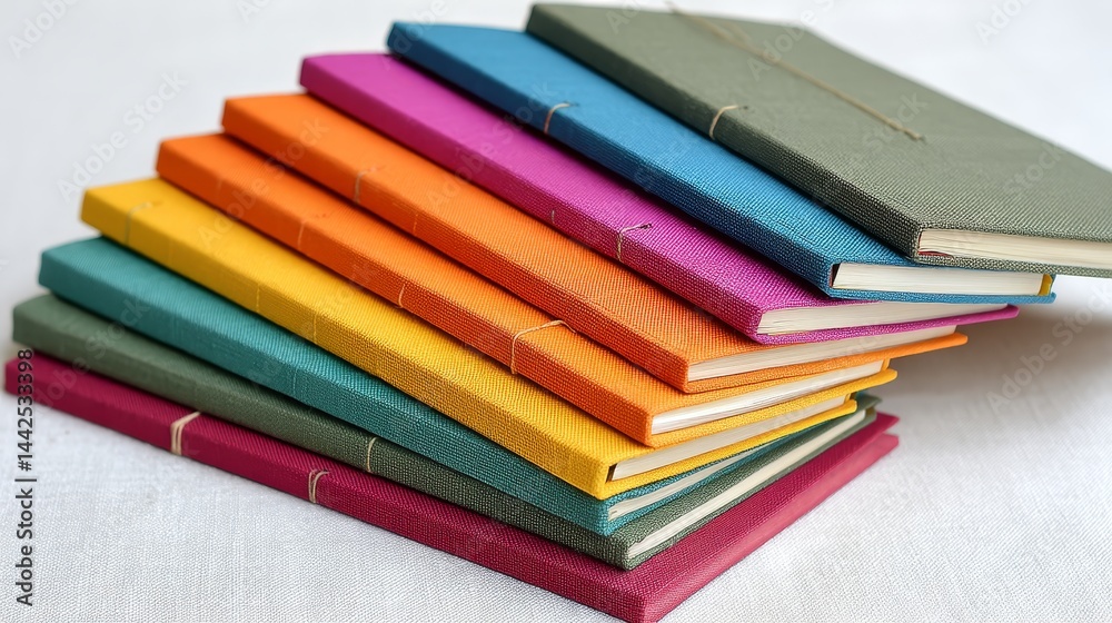 Poster a row of vibrant notebooks sits harmoniously on a clean white surface, perfect for students or profe