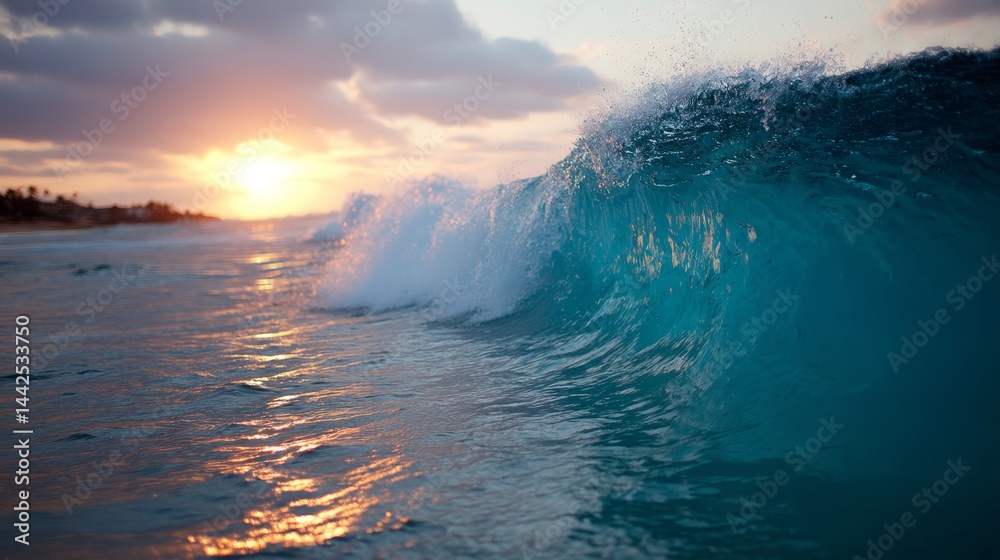 Aufkleber a powerful turquoise wave crashes with foamy spray as the sun sets, illuminating the scene with warm