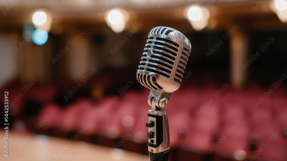 Poster A vintage-style chrome microphone stands on an empty stage, ready for the performance with a blurred audience in the background, suggesting anticipation