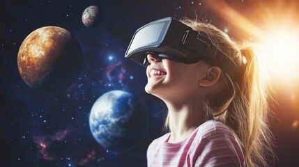Naklejka premium The illusion of a little girl wearing virtual reality glasses
