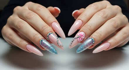 Stiletto Nails: Pink & Glitter Glamour | Rhinestone Accents, 3D Flower Nail Art, Elegant Manicure Ideas