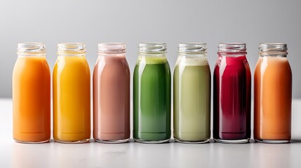 Vibrant assortment of fresh pressed juices in glass bottles for healthy lifestyle