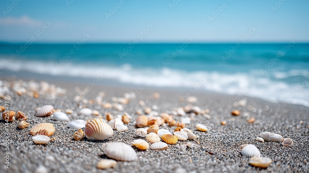Poster seashells of various shapes and sizes dot the sandy beach, with gentle waves lapping at the shore un
