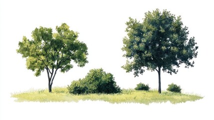 Obraz premium Set of quiet park landscapes with grassy meadows, bushes, and large trees on white background.